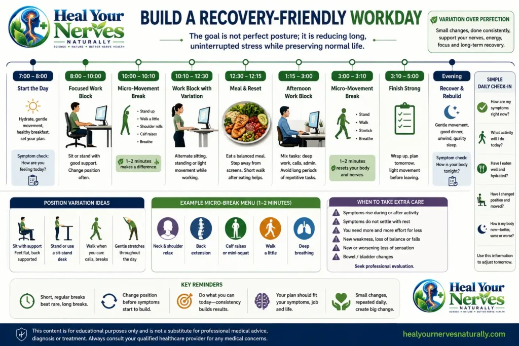 Practical nerve recovery workday plan with position changes movement breaks meals symptom checks and recovery-friendly daily pacing