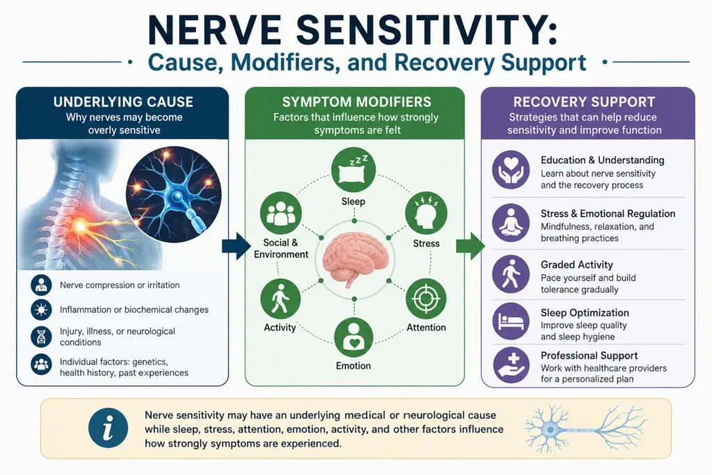 Infographic showing underlying causes of nerve sensitivity, symptom modifiers such as stress and sleep, and recovery support strategies