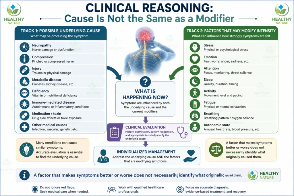 Clinical reasoning infographic comparing possible causes of nerve symptoms with factors that may modify symptom intensity