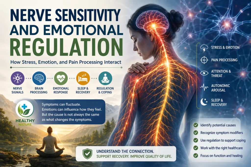 edical illustration showing nerve sensitivity and emotional regulation with stress pain processing attention autonomic arousal and sleep