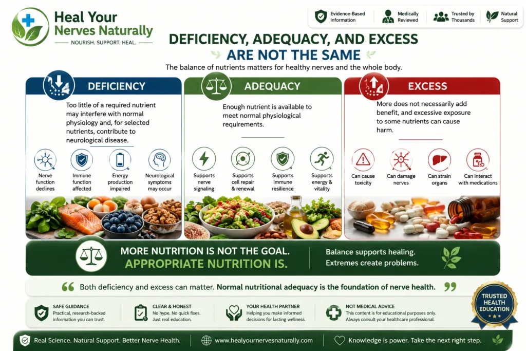 Infographic comparing nutrient deficiency adequate nutrition and excessive nutrient intake in relation to nerve health