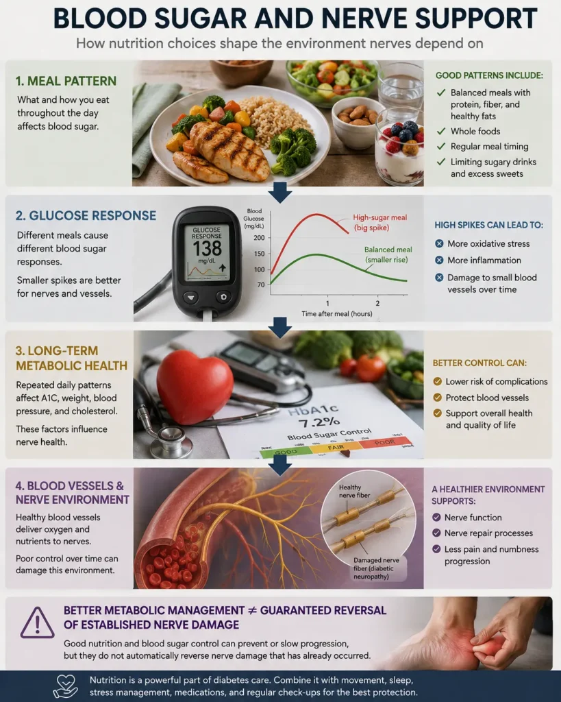 Blood Sugar, Metabolic Health and Nerve Support Photorealistic infographic showing how meal patterns affect glucose response, long-term metabolic health, blood vessels and the nerve environment in diabetes