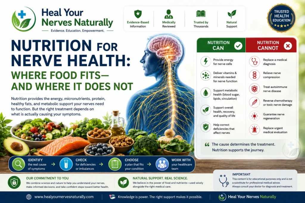 Nutrition for nerve health illustration showing healthy foods peripheral nerves and the supportive role and limits of nutrition