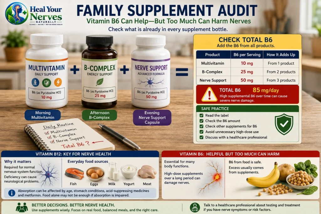 Nutrition for Nerve Repair supplement audit showing vitamin B6 from a multivitamin B-complex and nerve support supplement being added together to check total B6 intake