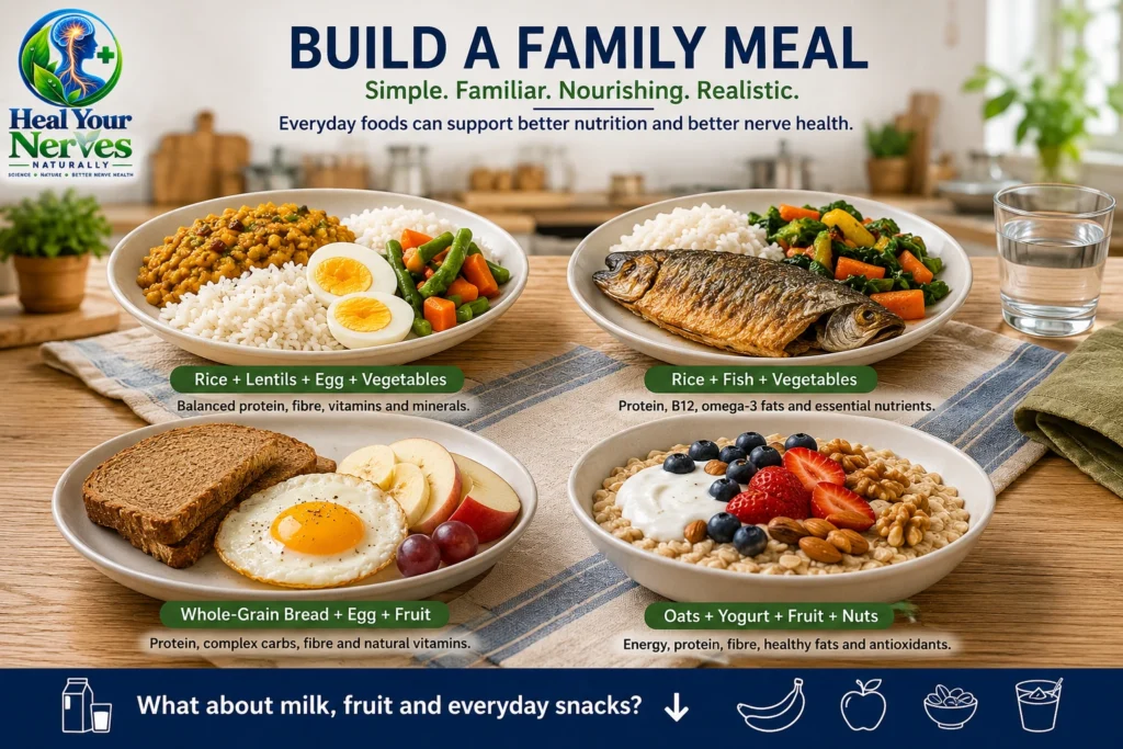 Simple family meals for Nutrition for Nerve Repair showing four practical household plates with rice lentils egg vegetables fish whole-grain bread yogurt fruit and nuts