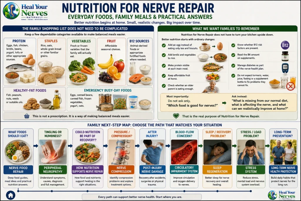 Nutrition for Nerve Repair family next-step map linking food choices tingling and numbness nutrition support nerve compression injury circulation sleep stress and long-term nerve health
