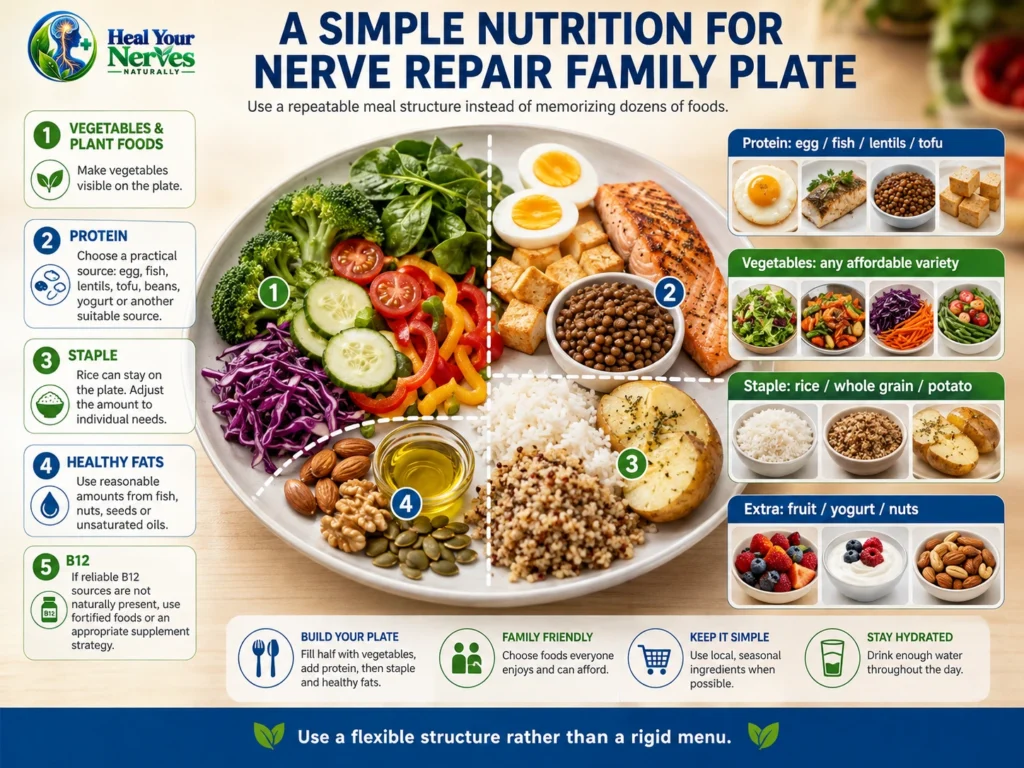 Family plate for Nutrition for Nerve Repair showing flexible portions of vegetables protein rice or whole grains fruit yogurt and nuts Title