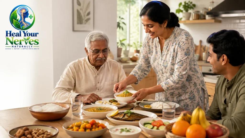 Nutrition for Nerve Repair hero image showing a family sharing a practical balanced meal with rice lentils fish eggs vegetables fruit yogurt nuts and water in a home kitchen