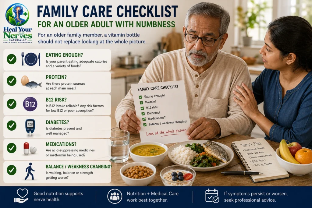Family care checklist for an older adult with numb feet showing nutrition, protein, vitamin B12 risk, diabetes, medications and changes in balance or weakness