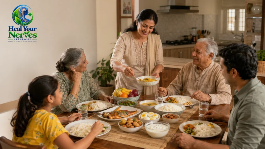 Nutrition for Nerve Repair using common household foods such as rice lentils eggs fish yogurt vegetables fruit nuts and water in a practical family kitchen setting