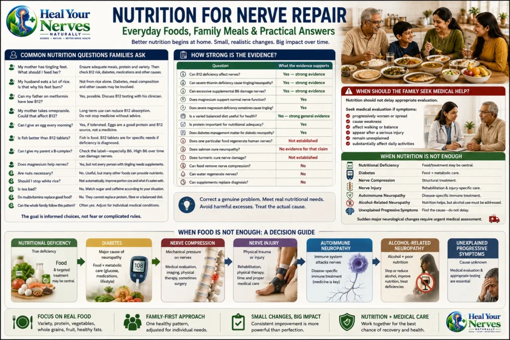 Nutrition for Nerve Repair decision guide showing when nutrition may be central and when diabetes care nerve compression treatment rehabilitation or medical evaluation is also needed