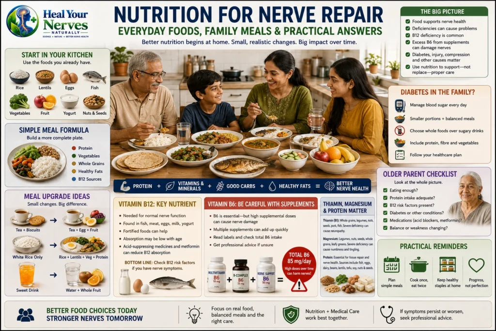 Nutrition for Nerve Repair shown as one part of a broader recovery system including sleep movement circulation cause-specific treatment and rehabilitation