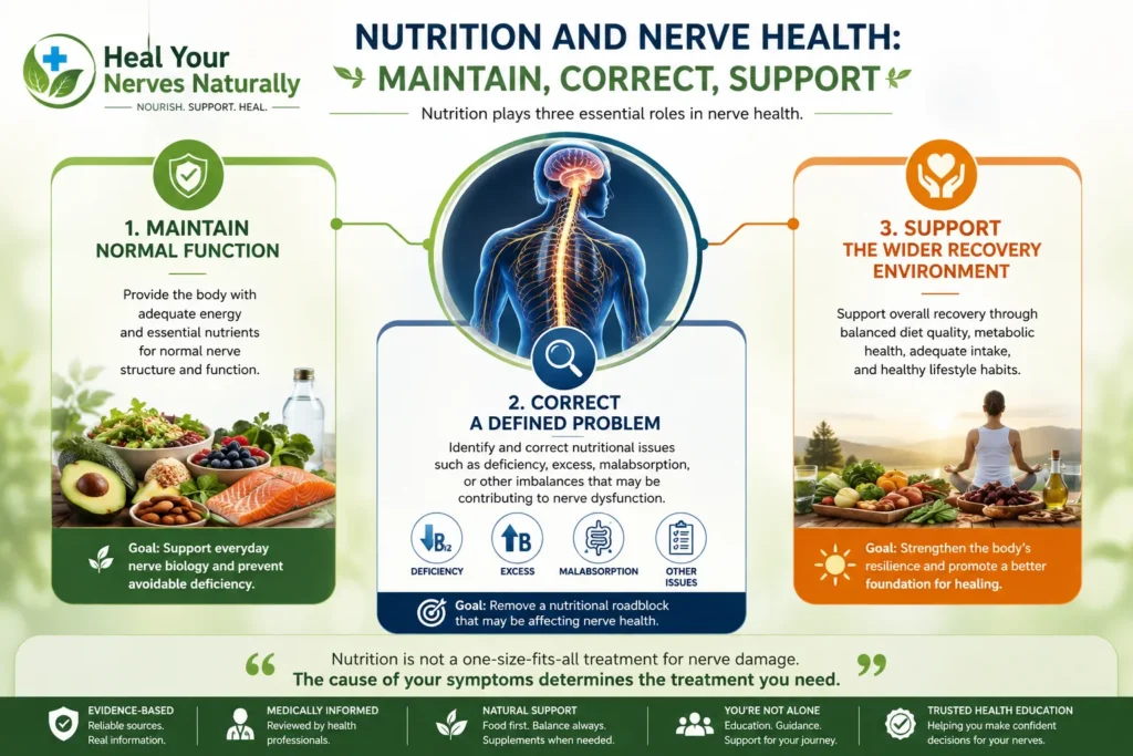 Infographic showing nutrition maintaining normal nerve function correcting nutritional problems and supporting the recovery environment