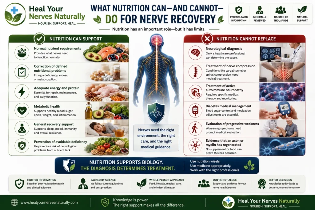 Infographic showing what nutrition may support during nerve recovery and which neurological treatments and diagnosis it cannot replace