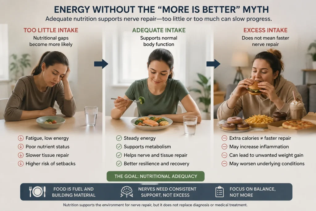 Energy Balance for Nerve Repair: Adequacy, Not Excess Photorealistic energy balance infographic showing that too little food can increase nutritional gaps, adequate intake supports normal nerve and body function, and excess calories do not speed nerve repair