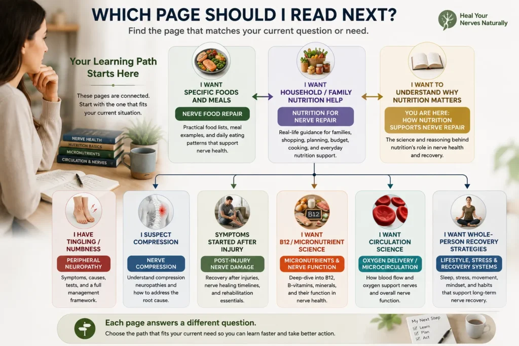 Which Nerve Nutrition Page Should I Read Next? Photorealistic internal learning map showing which nerve nutrition page to read next for foods, family nutrition, tingling, compression, injury, micronutrients and circulation