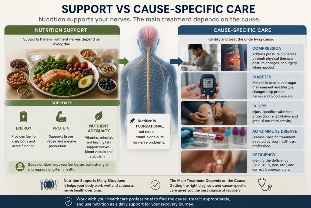Nutrition Support vs Cause-Specific Care for Nerve Problems Photorealistic comparison showing nutrition support versus cause-specific treatment for nerve problems including compression diabetes injury autoimmune disease and deficiency