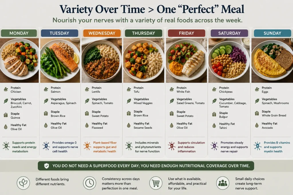 Weekly Food Variety for Nerve Health Support Photorealistic weekly meal variety showing different proteins vegetables whole grains legumes and healthy fats supporting nutrition for nerve health
