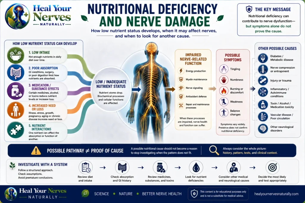 Nutritional deficiency and nerve damage hero showing low intake poor absorption medication nutrient interactions and other causes of nerve symptoms