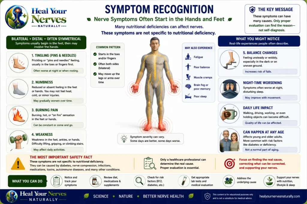 Nutritional neuropathy symptoms including tingling numbness burning weakness and balance changes with safety warning