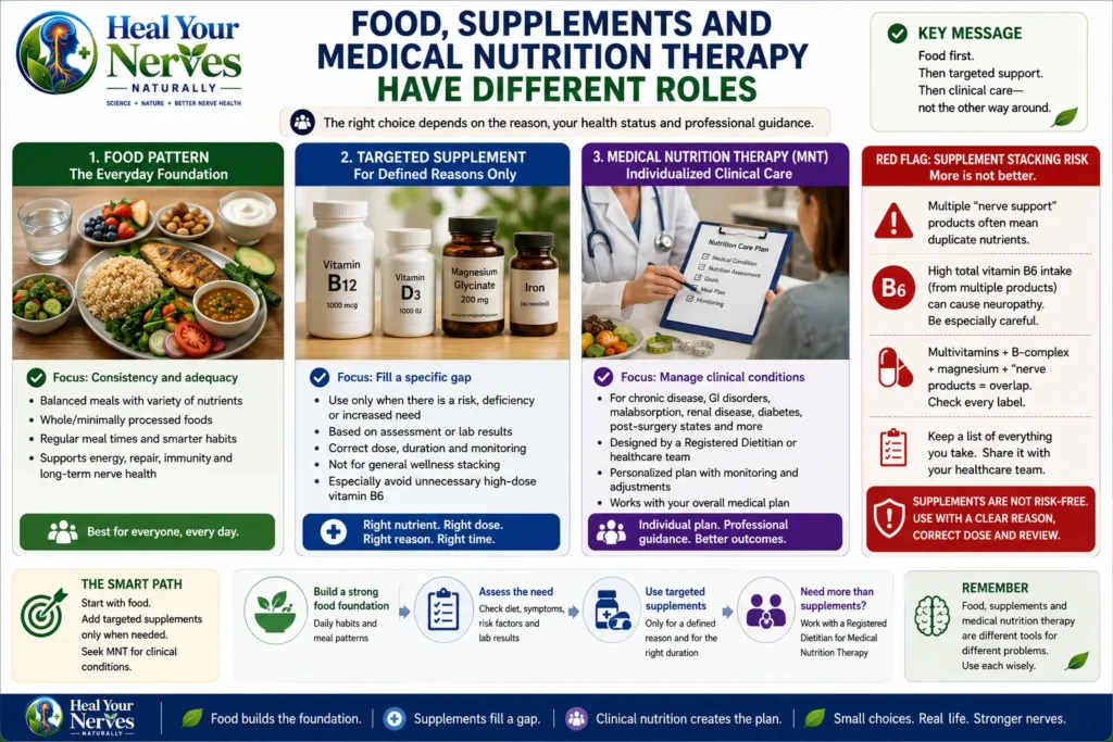 Nutritional therapy chart comparing food patterns targeted supplements and medical nutrition therapy for nerve health
