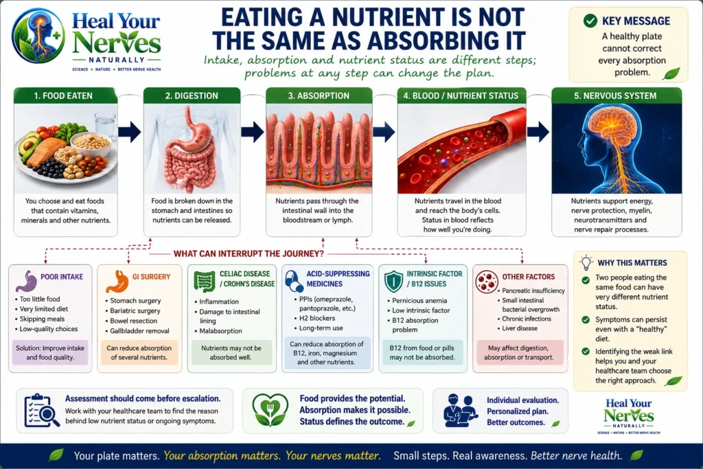 Nutritional therapy diagram showing food intake digestion absorption nutrient status and nerve health with malabsorption risk factors