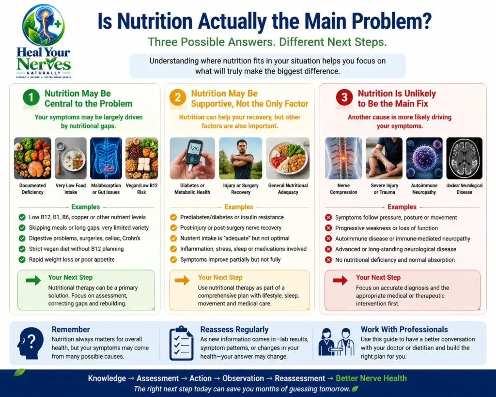 Nutritional therapy decision chart showing when nutrition may be central supportive or not the main nerve health solution