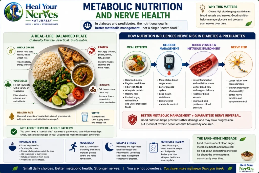Nutritional therapy plate and diagram linking meal patterns glucose management metabolic health and nerve support
