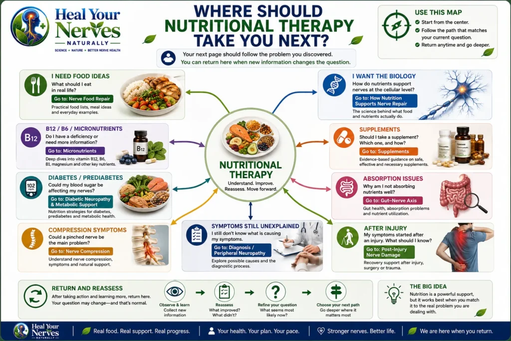 Nutritional therapy next step map linking food supplements micronutrients diabetes absorption compression injury diagnosis and return
