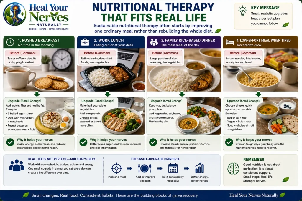 Nutritional therapy real life meal upgrades for rushed breakfast work lunch family dinner and low energy cooking