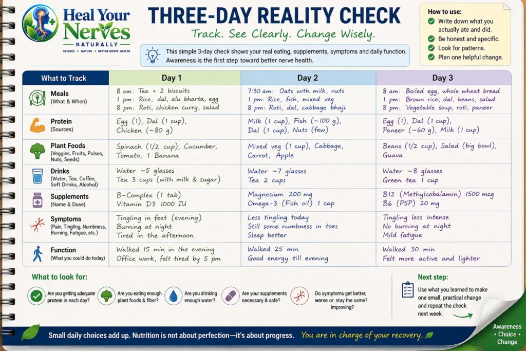 Three day nutritional therapy food symptom and supplement tracker for nerve health