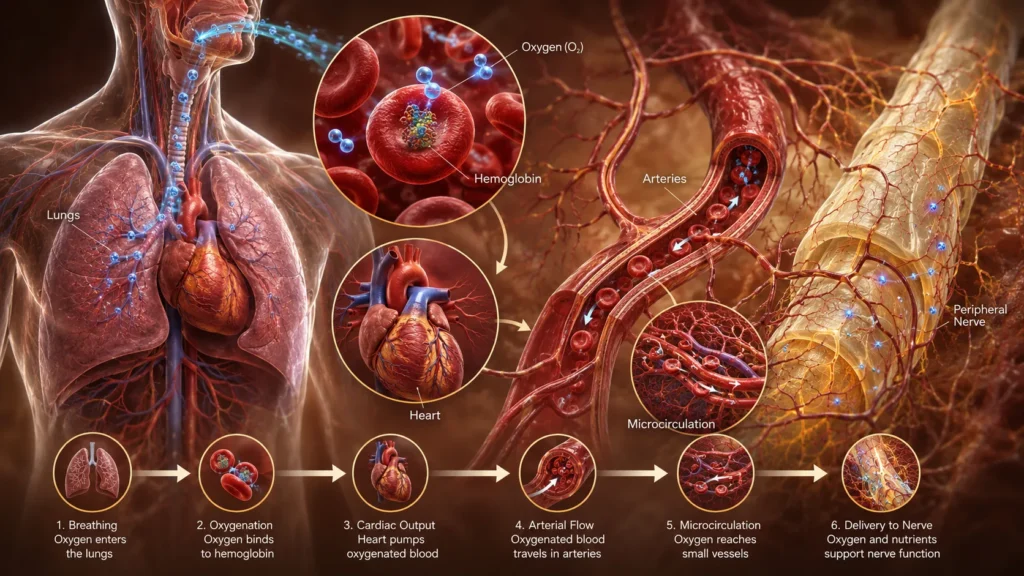 Oxygen delivery pathway from the lungs through blood circulation to peripheral nerves