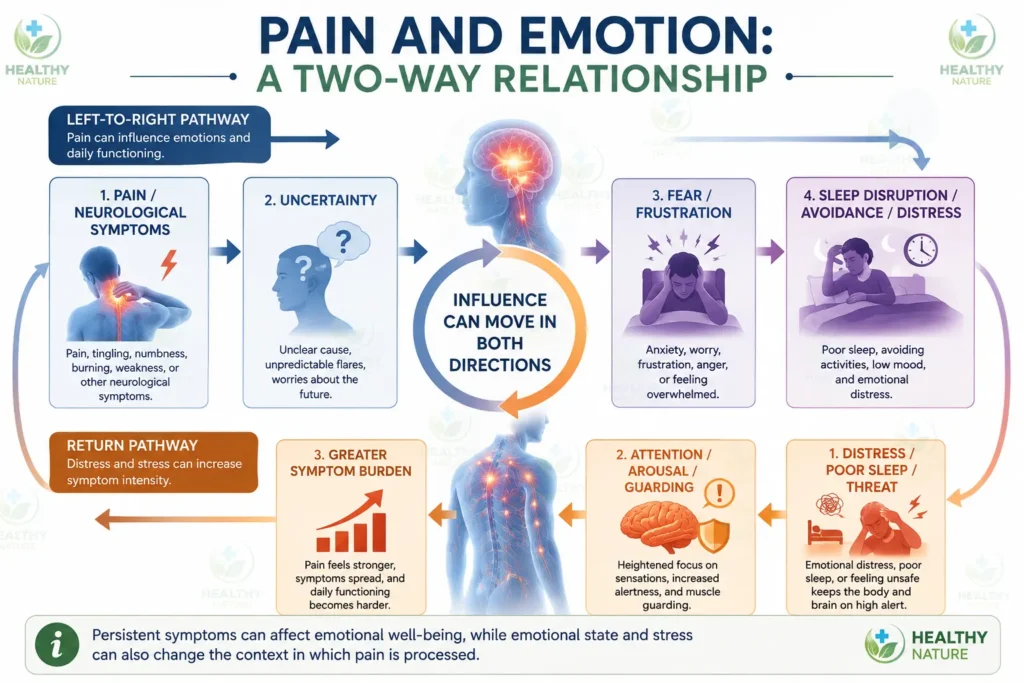 Diagram showing the two-way relationship between pain neurological symptoms emotional distress poor sleep attention arousal and symptom burden