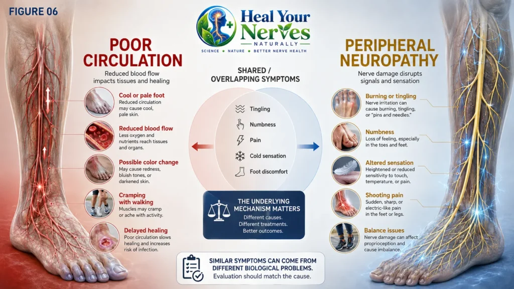 Poor circulation versus peripheral neuropathy showing different and overlapping symptom patterns