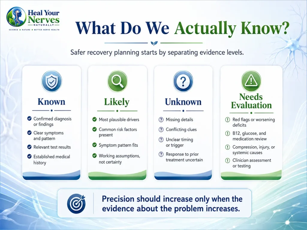 Known, likely, unknown and needs-evaluation questions for safer nerve recovery protocol design