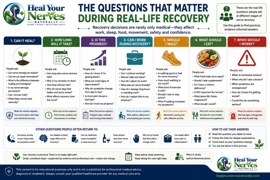 Common real life nerve recovery questions about healing time symptoms progress work movement nutrition and warning signs