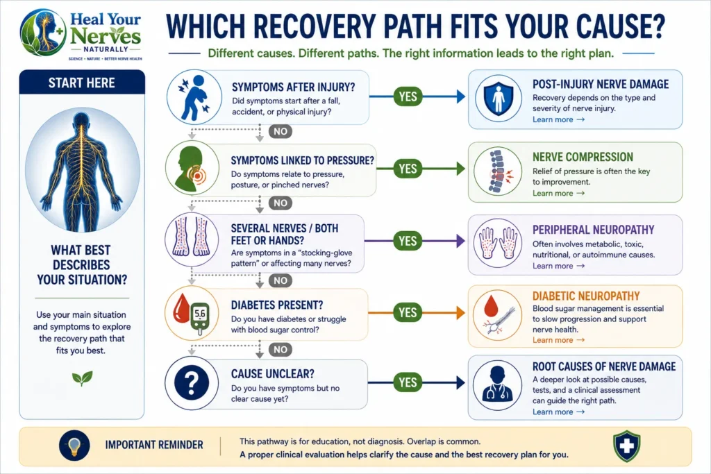 Recovery phasing decision pathway matching nerve symptoms with post-injury nerve damage, nerve compression, peripheral neuropathy, diabetic neuropathy, or further cause assessment