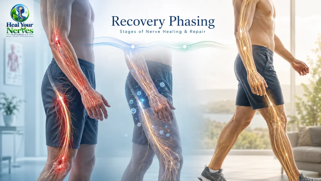 Recovery phasing hero image showing three stages of nerve healing with photorealistic anatomical nerve pathways from injury and repair to restored movement