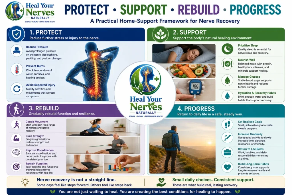 Recovery phasing home support framework showing four practical stages: protect the nerve, support recovery, rebuild function, and progress gradually back to daily life