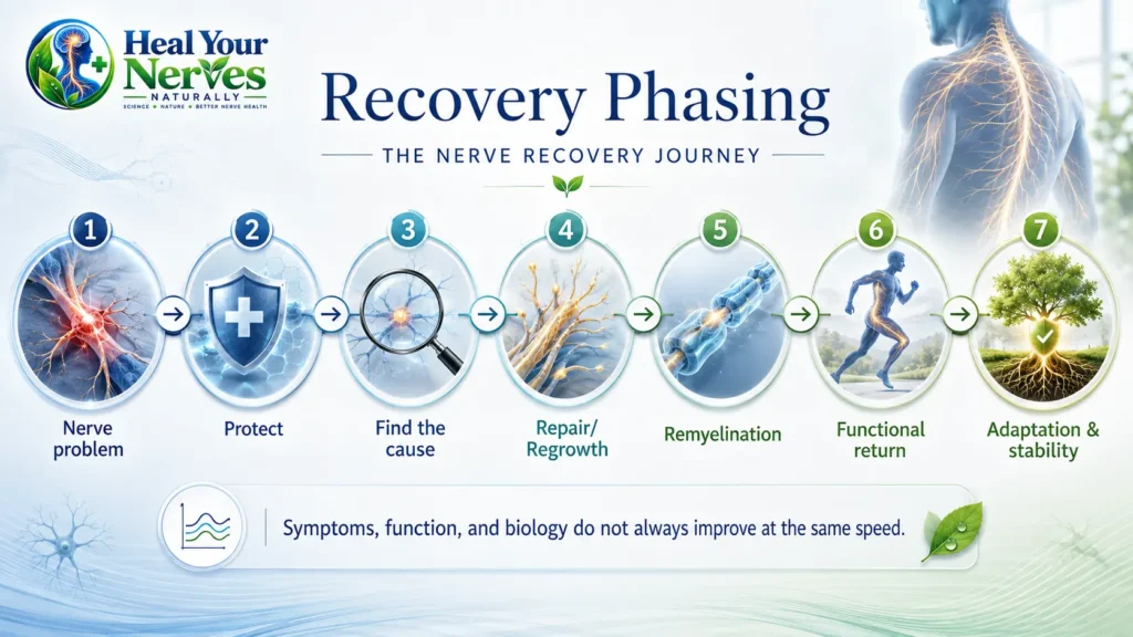 Recovery phasing diagram showing the nerve healing journey from nerve problem and protection through regrowth, remyelination, functional return, and stability