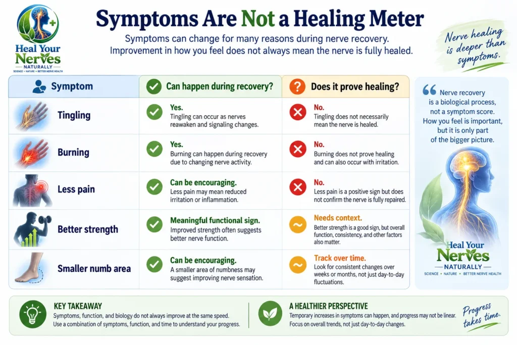 Recovery phasing infographic showing that tingling, burning, less pain, better strength, and a smaller numb area do not by themselves prove nerve healing