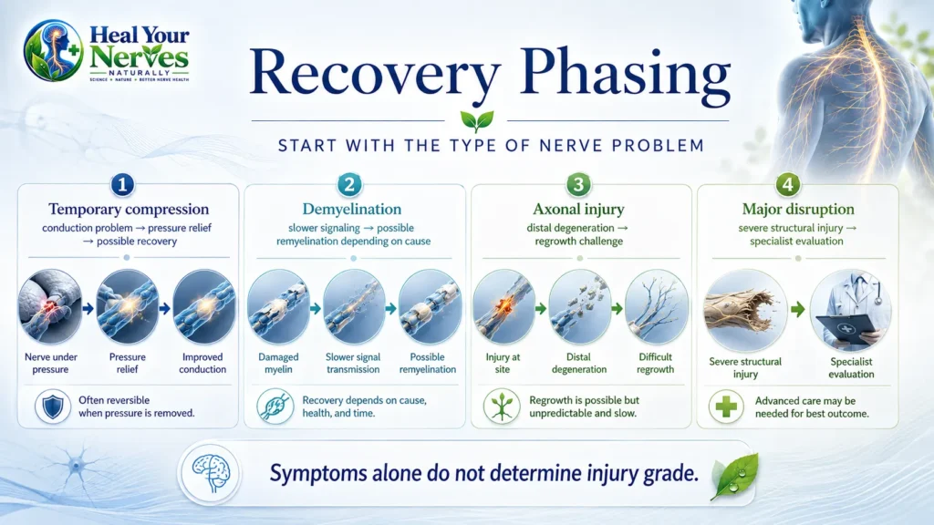 Recovery phasing infographic comparing temporary nerve compression, demyelination, axonal injury, and major nerve disruption with their possible recovery pathways