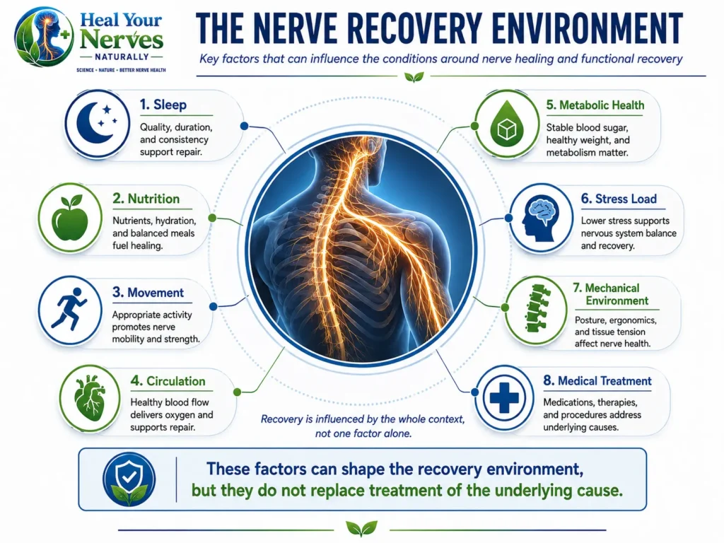Recovery phasing infographic showing a central nerve surrounded by sleep, nutrition, movement, circulation, metabolic health, stress load, mechanical environment, and medical treatment