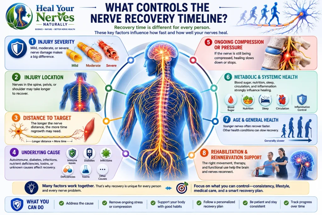 Recovery phasing infographic showing eight factors that influence the nerve recovery timeline, including injury severity, location, distance to target, underlying cause, compression, metabolic health, age, and rehabilitation