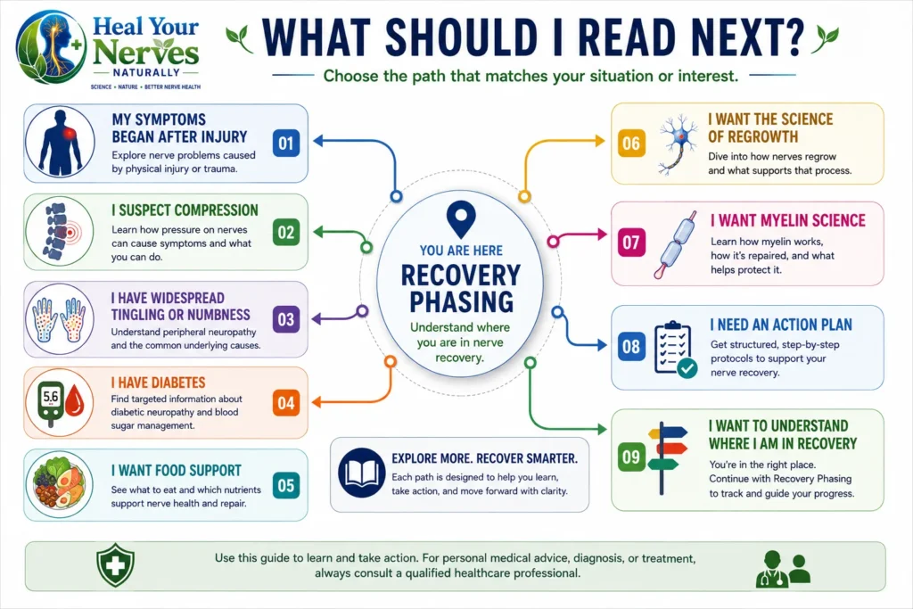 Recovery phasing next-step guide linking readers to post-injury nerve damage, nerve compression, peripheral neuropathy, diabetic neuropathy, nerve food repair, axonal regrowth, myelin regeneration, and recovery protocols