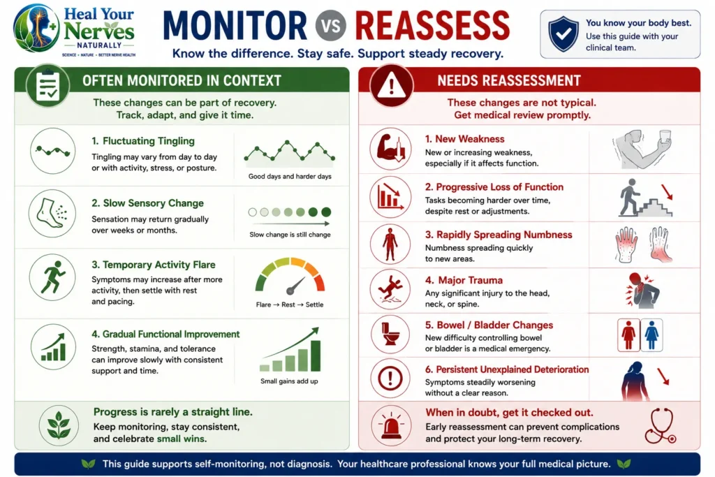 Recovery phasing infographic comparing nerve recovery changes that can often be monitored with red flags that need medical reassessment, including new weakness, spreading numbness, trauma, and bowel or bladder changes