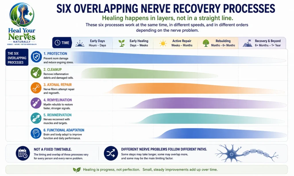 Recovery phasing infographic showing six overlapping nerve healing processes including protection, cleanup, axonal repair, remyelination, reinnervation, and functional adaptation