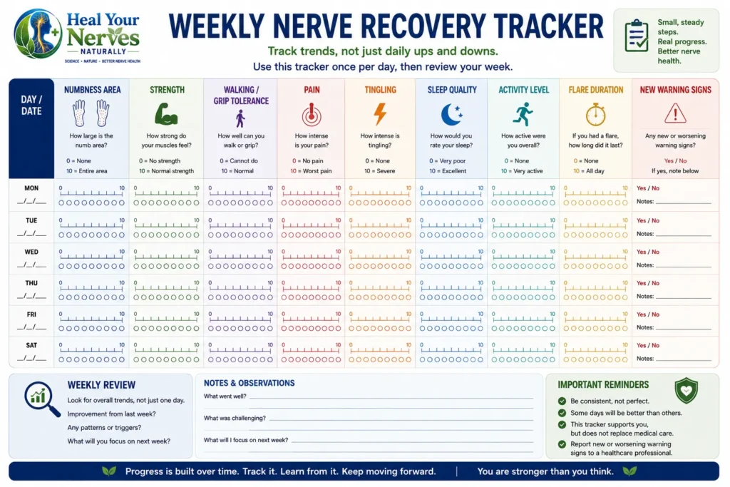 Recovery phasing weekly tracker for monitoring numbness, strength, walking or grip tolerance, pain, tingling, sleep, activity, flare duration, and new warning signs