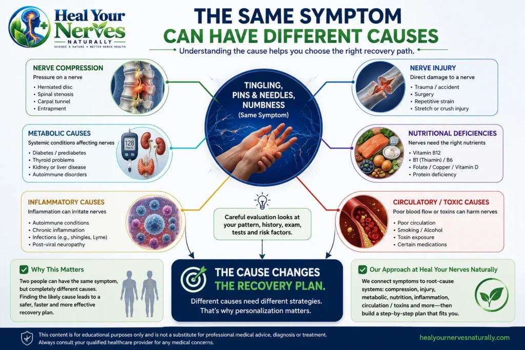 Diagram showing how the same nerve symptoms can come from compression injury metabolic nutritional inflammatory or circulatory causes