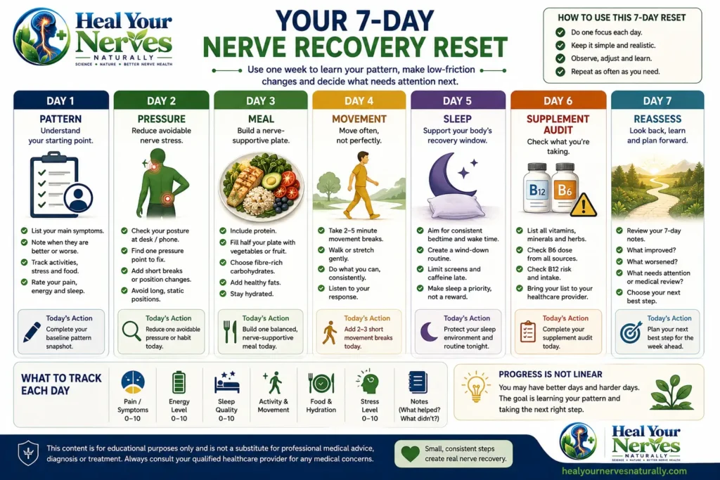 Seven day practical nerve recovery reset for symptom tracking habits food movement sleep supplements and reassessment